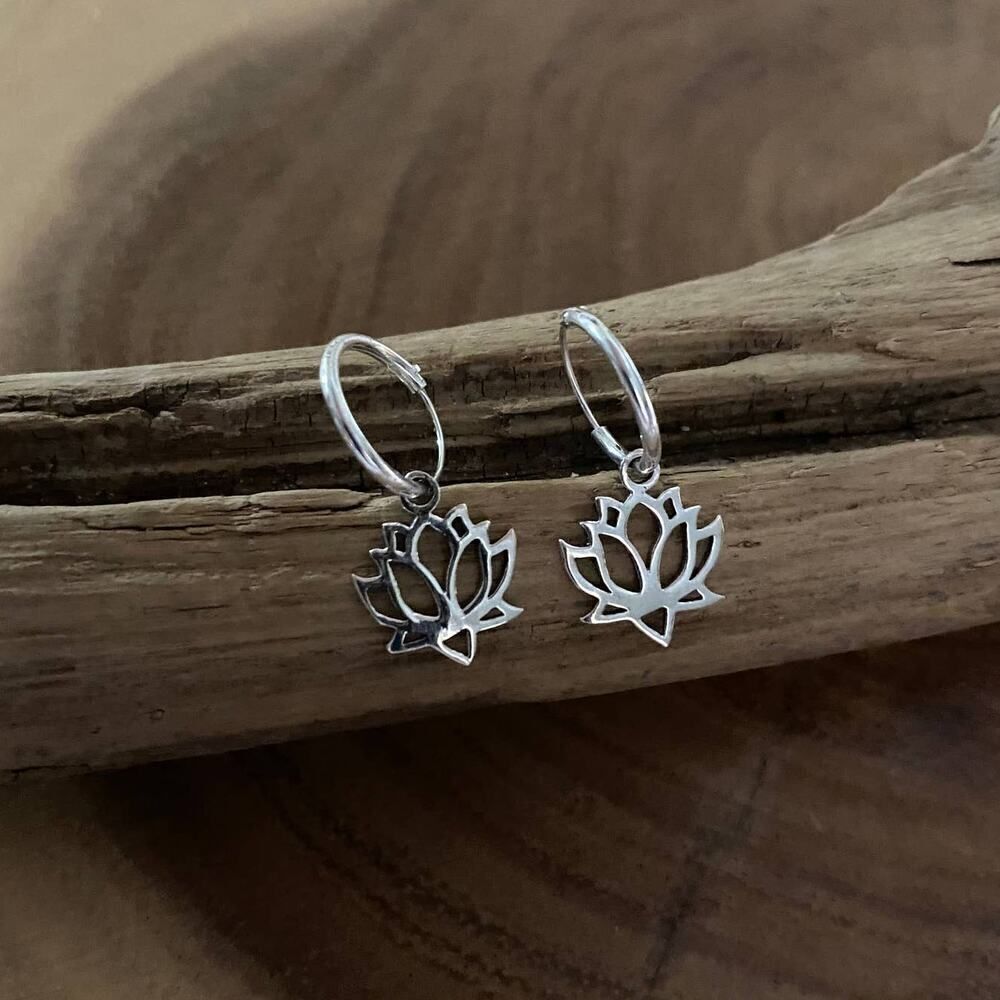 Lotus Flower Sterling Silver Charm Drop Earrings